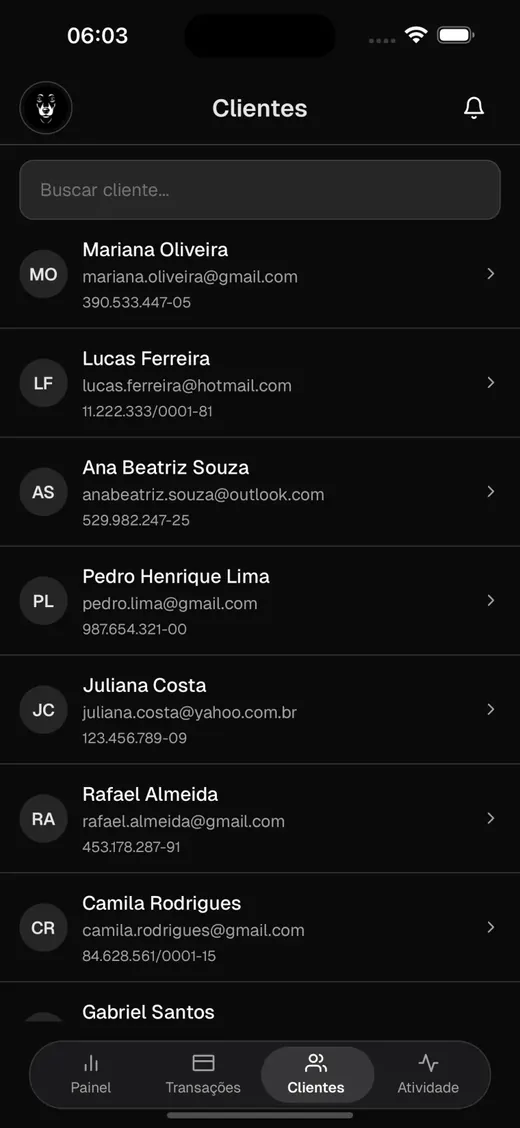 Lista de clientes com nome, e-mail e documento.