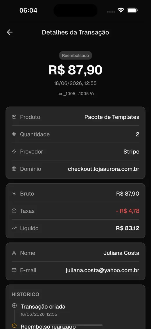 Detalhe de uma transação: produto, taxas, valor líquido, cliente e histórico.