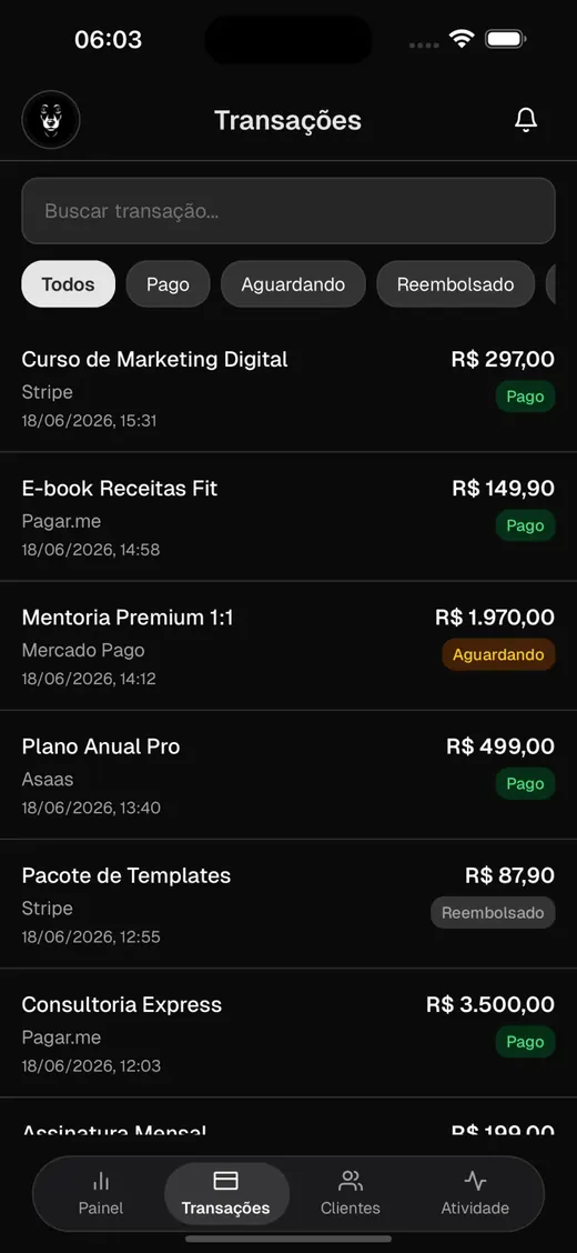 Lista de transações com gateway, valor, status e data.