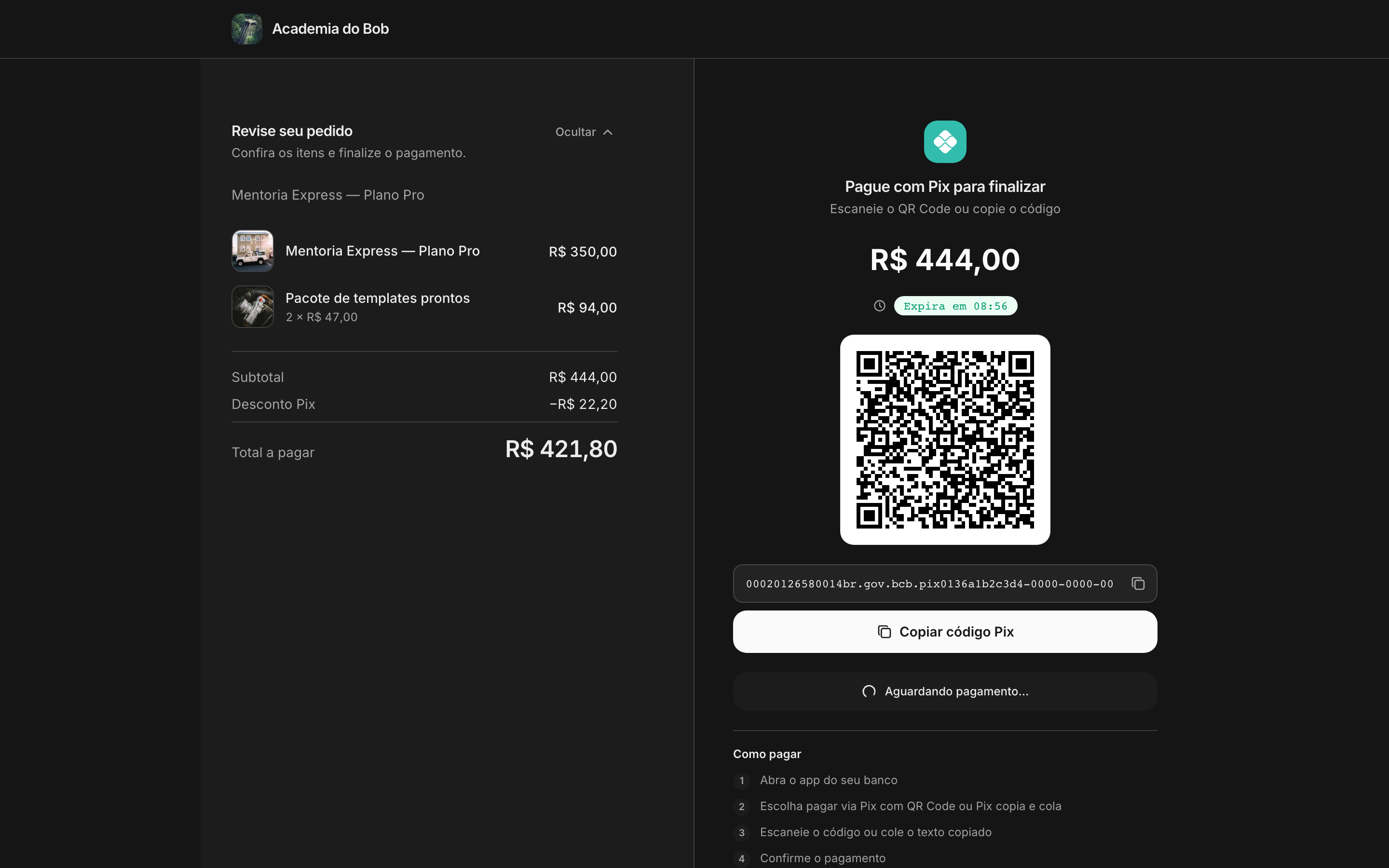 Checkout PIX hospedado da Bob com QR Code, código copia-e-cola e resumo do pedido
