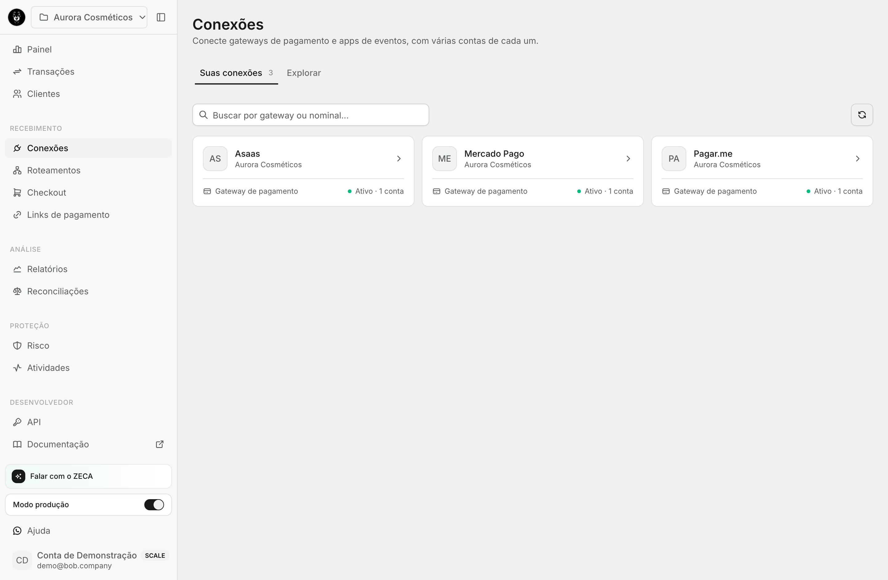 Tela de conexões da Bob com gateways plugados