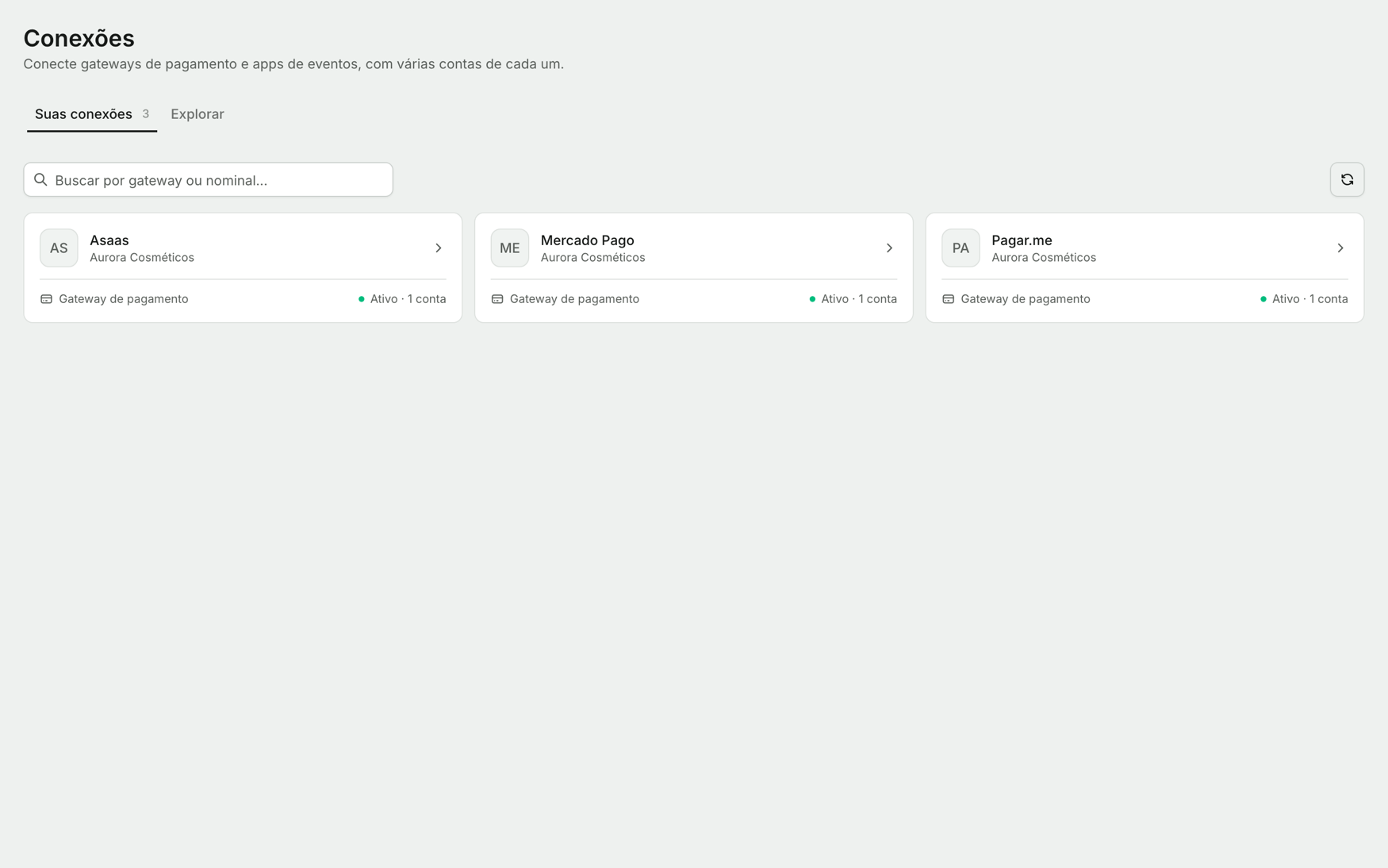 Painel de conexões da Bob com gateways de pagamento disponíveis