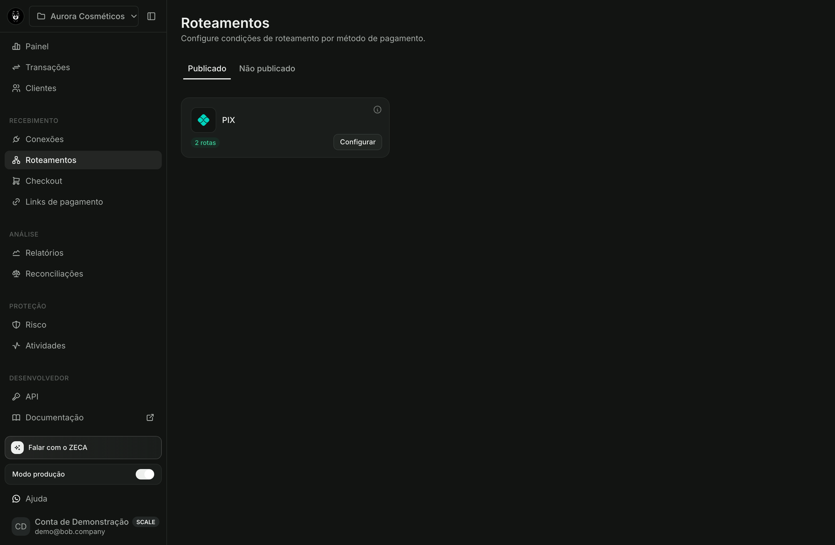Tela de roteamentos da Bob com regras de distribuição