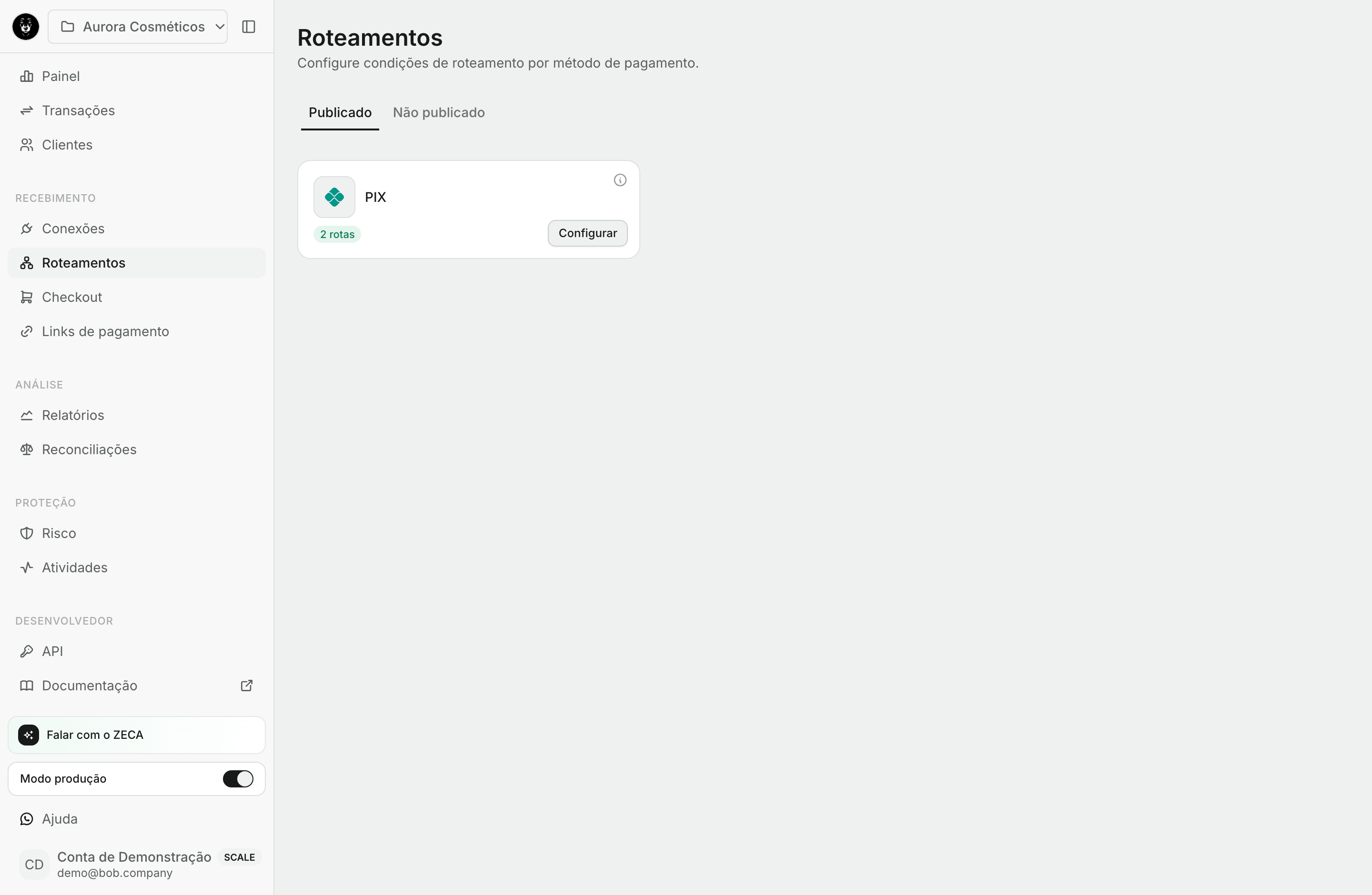 Tela de roteamentos da Bob com regras de distribuição